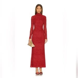 Long-Sleeve Red Textured Maxi Dress with Mock Neck